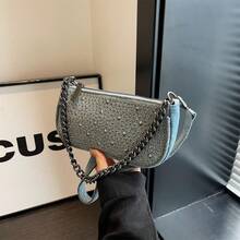 經典牛仔布金屬裝飾斜跨包，適合上班族、辦公室女性通勤，帶有卡片口袋的休閒母包 - 淺藍色 - 查看 4