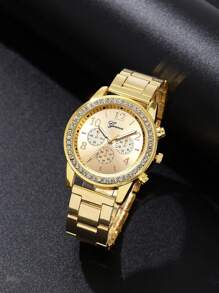 1pc Ladies Watch Gold Watch Rhinestone Decor Quartz Watch & 4pcs Bracelet Holiday - Gold - View 3