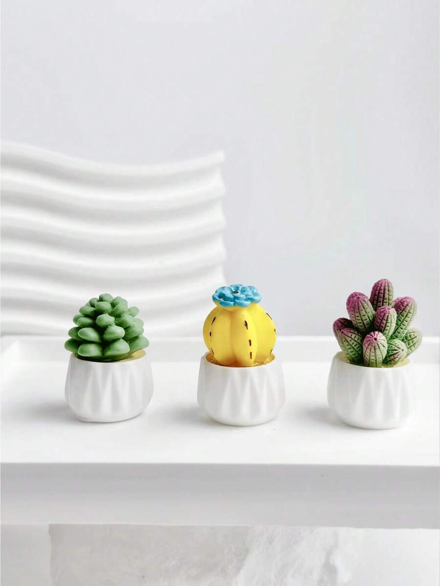 3入組樹脂仙人掌形狀迷你裝飾品,適用於家庭、辦公室桌面diy微景觀裝飾,汽車儀表板玩具裝飾 - 組合1 - 查看 1