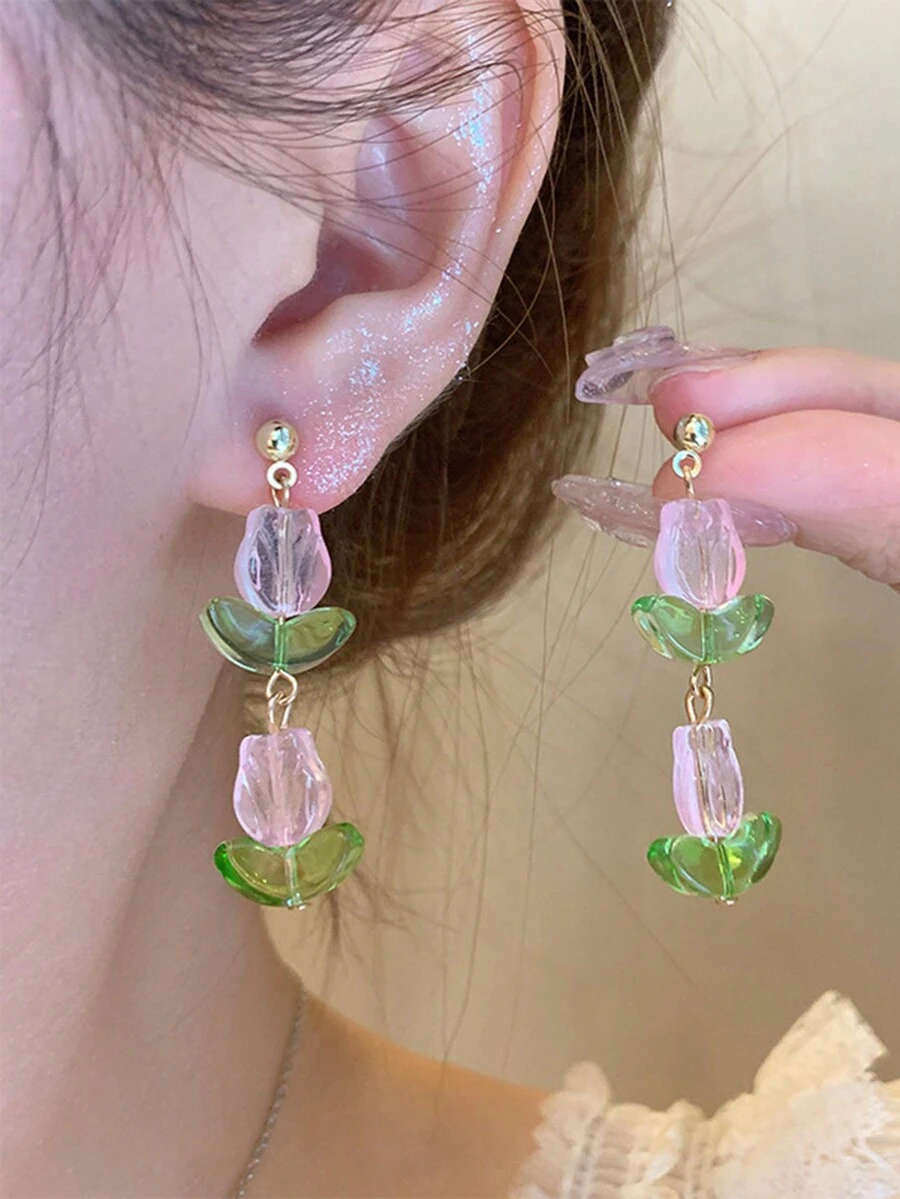 1 对简约时尚、小众设计、清新森系风、郁金香吊坠耳环，日常佩戴 - 彩色 - 查看 1