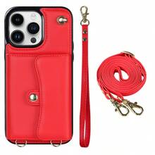 AWQUER Crossbody Wallet Back Case Compatible With IPhone 15 14 Plus 13 12 Mini 11 Pro Max 8 7 Plus SE 5G 2020 2022 With Hand Strap, PU Leather With Credit Card Slots Holder Kickstand Shockproof Phone Cover - Red - View 15