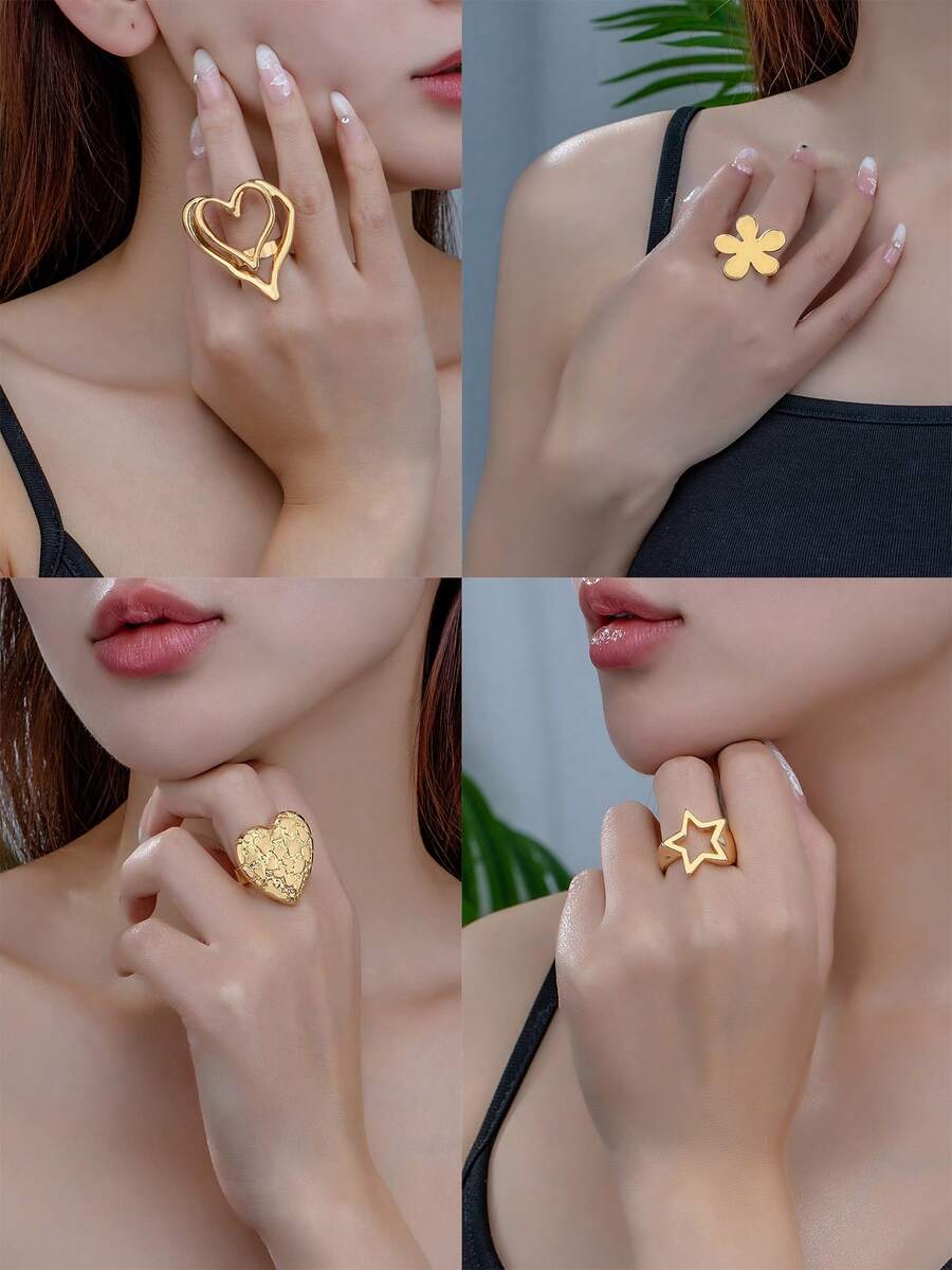 時尚簡約幾何合金心型、花朵與五角星女戒指 - 金黃色 - 查看 1