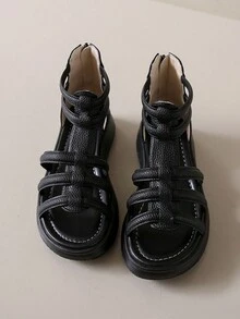 時尚女用涼鞋,黑色,露趾,後拉鍊,平跟,舒適,輕便羅馬鞋,非常適合夏季 - 黑色 - 查看 3