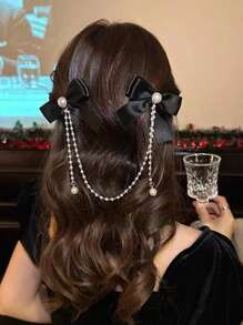 1入珍珠鏈蝴蝶結髮夾，配有流蘇側夾、鱷魚口夾及夾子髮夾，髮飾 - 黑色 - 查看 1