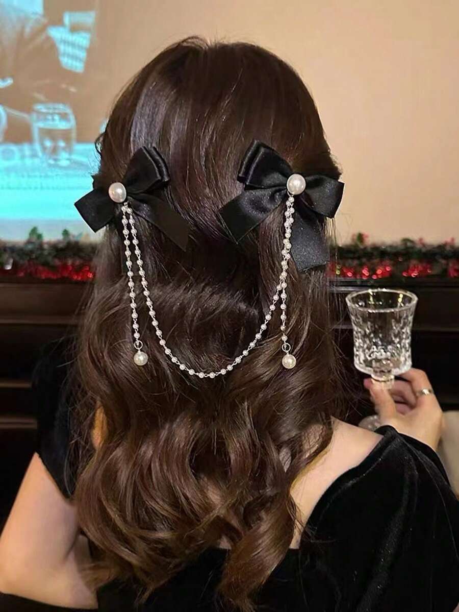 1入珍珠鏈蝴蝶結髮夾，配有流蘇側夾、鱷魚口夾及夾子髮夾，髮飾 - 黑色 - 查看 1