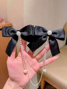 1入珍珠鏈蝴蝶結髮夾，配有流蘇側夾、鱷魚口夾及夾子髮夾，髮飾 - 黑色 - 查看 4