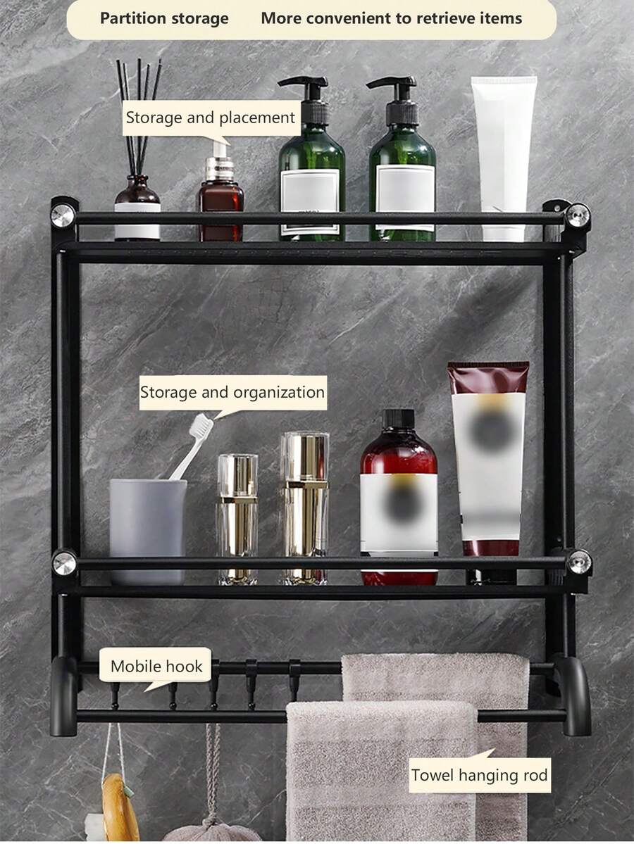 HSEAN 1件不銹鋼浴室置物架,壁掛式浴室毛巾架,廚房衛生間收納架,免打孔托盤組織架 - 黑色 - 查看 1