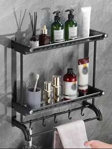 HSEAN 1件不銹鋼浴室置物架,壁掛式浴室毛巾架,廚房衛生間收納架,免打孔托盤組織架 - 黑色 - 查看 2