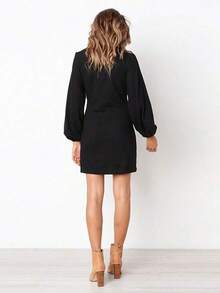 Solid Color Lace-Up Puff Sleeve Dress, Elegant Ruffle Sleeve Long Sleeve Dress - 黑色 - 查看 4