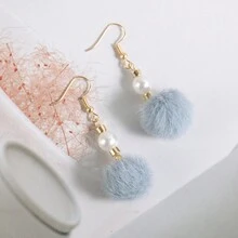 1pair Pearl & Furry Ball Design Cute & Sweet Earrings, Perfect Valentine's Gift For Female Friends - Hairball - View 10