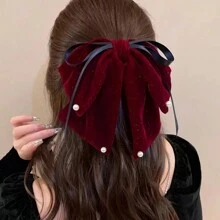 1pc Women's Velvet Bowknot Hair Claw With Woven Band, Simple And Elegant Hair Accessory For Party, Festival And Daily Use - Black - View 7