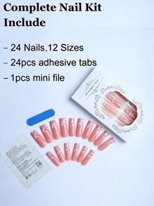 Upgrade Your Look With 24pcs Long Square White Striped Fake Nail & 1pc Nail File & 1sheet Tape Press On Nails Nail Supplies - Multicolor - View 2