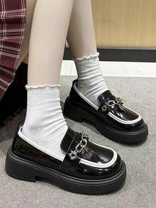 春秋新款女士英伦风切尔西鞋心形链条扣厚底坡跟圆头软底一脚蹬舒适女鞋 - 黑色 - 查看 4