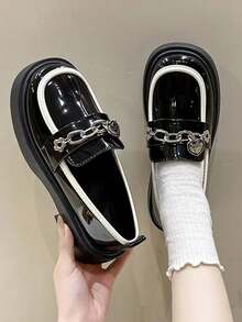 春秋新款女士英伦风切尔西鞋心形链条扣厚底坡跟圆头软底一脚蹬舒适女鞋 - 黑色 - 查看 3