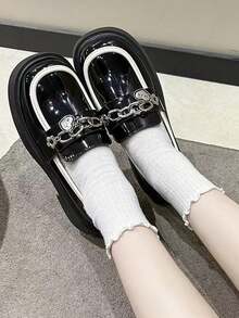 春秋新款女士英伦风切尔西鞋心形链条扣厚底坡跟圆头软底一脚蹬舒适女鞋 - 黑色 - 查看 1