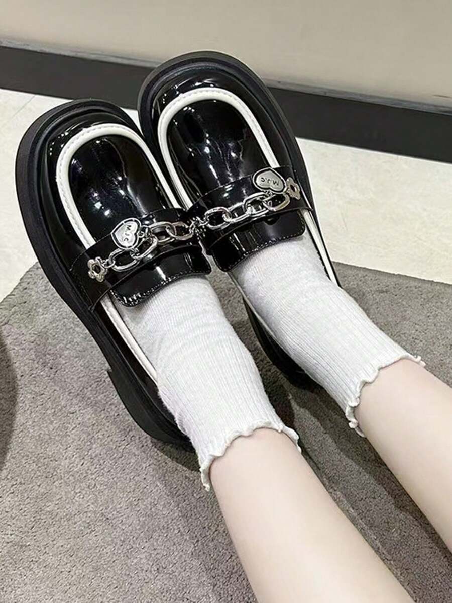 春秋新款女士英伦风切尔西鞋心形链条扣厚底坡跟圆头软底一脚蹬舒适女鞋 - 黑色 - 查看 1