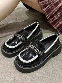 春秋新款女士英伦风切尔西鞋心形链条扣厚底坡跟圆头软底一脚蹬舒适女鞋 - 黑色 - 查看 2