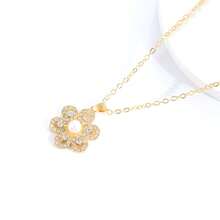 1入流行閃亮鑽石和珍珠吊墜項鍊,優雅的花形鎖骨鏈首飾,適用於派對裝飾配件 - 金色 - 查看 8