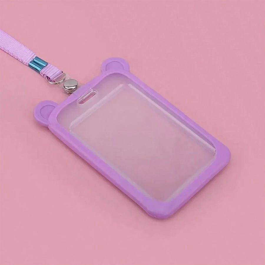 1pc Badge Holder Bus Card Holder Hangtag Certificate Meal Card Silicone Card Holder With Lanyard - Purple - View 1