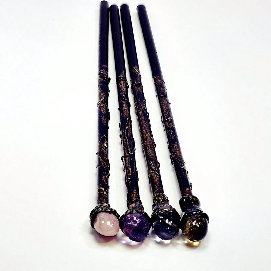 1pc Crystal Wand With Natural Crystal Clusters, Halloween Prop, Crystal Staff,  Staff, Magic Staff, Healing Crystal Wand, Ritual Wand, Crystal Craft, Ceremonial Tool, Gold Ripple Painted Staff, Purifying Crystal, Character Prop, Dress-Up Prop - Rose Quartz - View 1