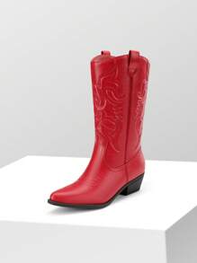 Women'S Cowboy Western Boots Pull On Cowgirl Boots Point Toe Embroidered Detail Chunky Heeled Mid Calf Boots Winter Christmas Valentine's Day Festive Black Boots