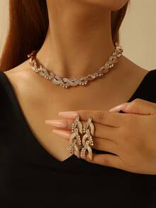 3 件/套女式鍍金鋅合金水波紋吊墜耳環和項鍊套裝帶水鑽 - 金黃色 - 查看 5