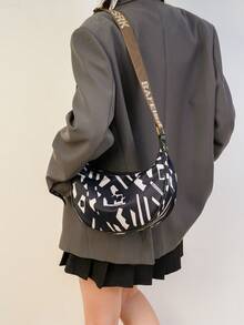 时尚休闲复古防水宽肩带单肩斜挎包，旅行背包，通勤斜挎包 - 黑色 - 查看 4