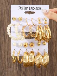 12 Pairs Fashionable Versatile Heart-Shaped Faux Pearl Decorated Earrings - Multicolor - View 4