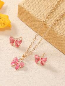 Cute Bowknot & Cartoon Colorful Necklace, 1pc Earring, 1pair Jewelry Set In Heart-Shaped Box For Girls, Party Gift - Multicolor - View 1