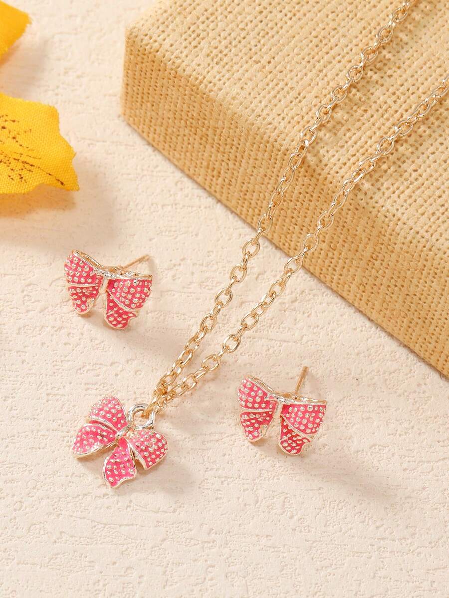 Cute Bowknot & Cartoon Colorful Necklace, 1pc Earring, 1pair Jewelry Set In Heart-Shaped Box For Girls, Party Gift - Multicolor - View 1