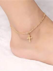 1pc Metallic Alloy Cross Charm Anklet, Fashionable & Simple Foot Chain - Gold - View 6
