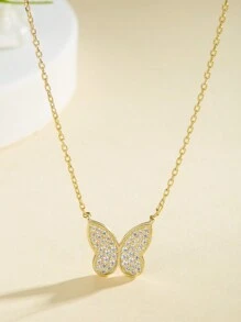 1條s925純銀全鑲蝴蝶吊墜項鍊,適合女性日常穿搭、約會或派對活動 - 金黃色 - 查看 5