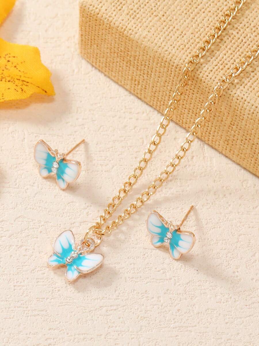 可愛的動物和蝴蝶卡通多色項鍊,1個垂墜耳環,1對,派對生日禮物,包裝在心形盒子裡,珠寶套裝,適合幼女 - 彩色 - 查看 1