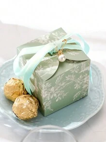 10 pezzi/15 pezzi/20 pezzi/30 pezzi Scatola regalo in carta con perle finte e nastro abbinato, motivo floreale moderno verde e uccelli. Adatto per decorazioni per feste, matrimoni, compleanni, festività.