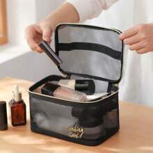 1pc Large Capacity Transparent Travel Mesh Toiletry Bag, Nylon Mesh Cosmetic Bag, Makeup Organizer,Pink Room Decor Home Bedroom Bathroom Living Room Desk Decor Travel Stuff Wedding House Decorbirthday Mushroom New Years Accessories Gifts For Dad Mom Best Friend Teacher Man Funny Giftstorage Jewelry Organiser Box Bathroom Set Storage Organizer In Storage Boxes & Bins Perfume Organizer Makeup Bag Gift Storage Box Bag Bathroom In Storage Shelves & Racks - Black - View 5