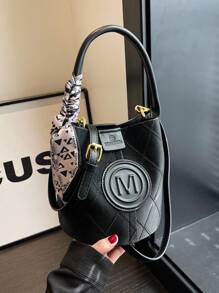 新款时尚纯色pu防水面料小香风钻石纹设计字母图案装饰图案便携水桶包适合旅行逛街送围巾可斜挎。 - 黑色 - 查看 2