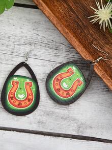 一對聖派翠克節木製水滴耳環女式長版吊墜耳環珠寶禮物 - 綠色 - 查看 2