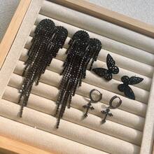 1set/3pairs Black Tone Long Tassel Butterfly Cross Dangle Earrings Set For Women's Party And Daily Wear - Black - View 1