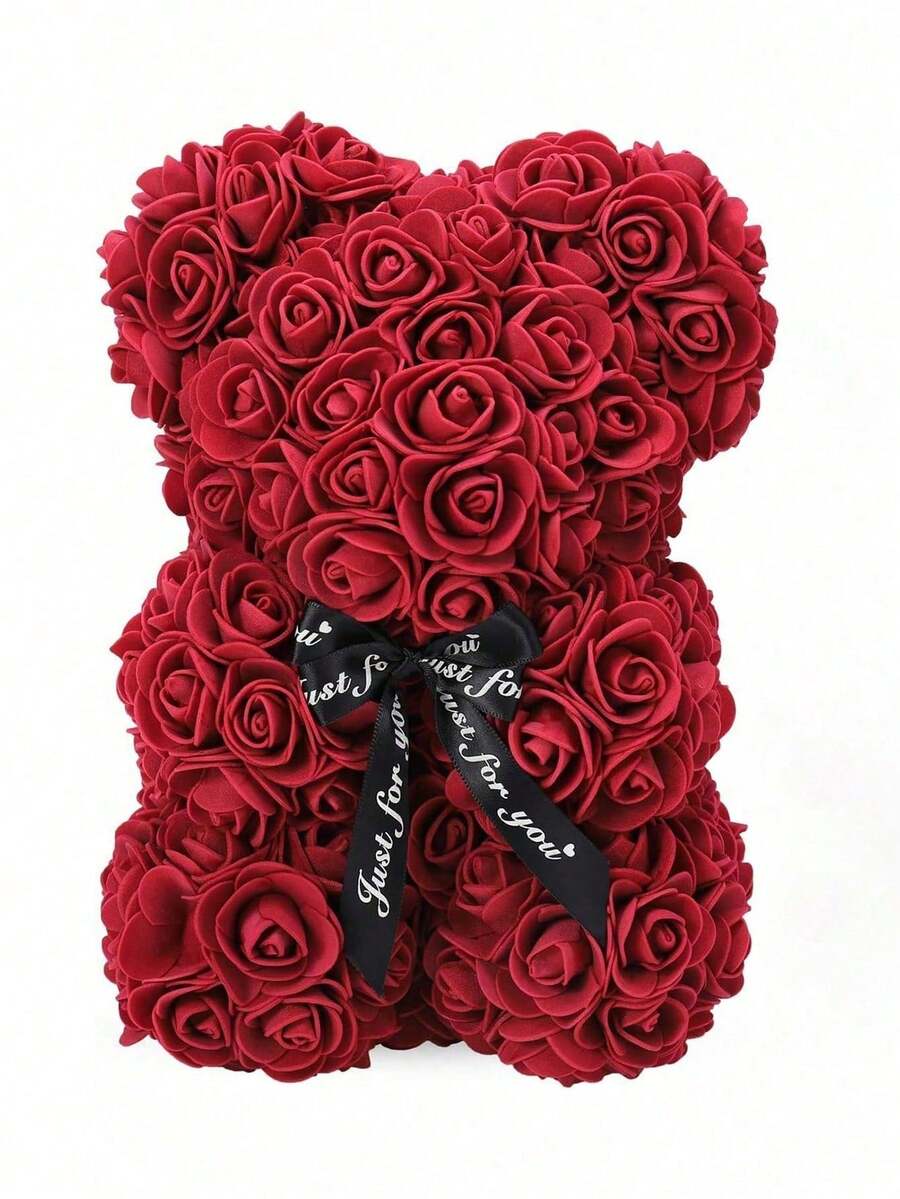 1pc Wine Red Teddy Bear Doll Decoration With Rose - Burgundy - View 1
