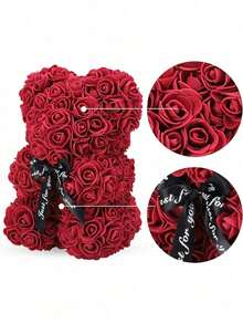 1pc Wine Red Teddy Bear Doll Decoration With Rose - Burgundy - View 4