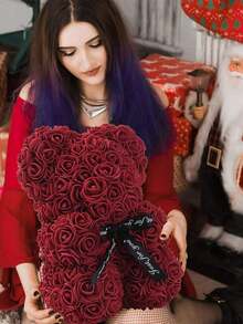 1pc Wine Red Teddy Bear Doll Decoration With Rose - Burgundy - View 3