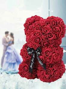 1pc Wine Red Teddy Bear Doll Decoration With Rose - Burgundy - View 2