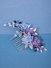1 件女士優雅藍色和紫色簡約花朵設計手工髮梳,帶有珍珠髮夾。適合禮服、婚禮、新娘、日常使用 - 淺藍色 - 查看 3