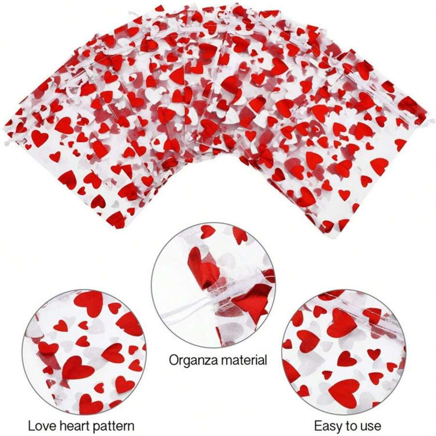 1pc Heart Shaped Red Organza Bag With Gold Stamping, Bundle Tie, For Candy And Gift Packaging, 50pcs - Red - View 1