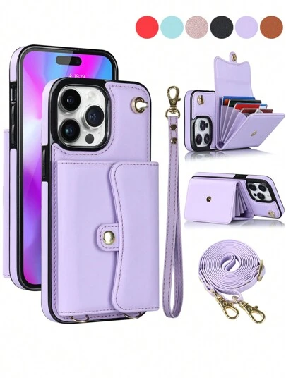 AWQUER Umhängetaschen Portemonnaie Rückseitenhülle kompatibel mit iPhone 15 14 Plus 13 12 Mini 11 Pro Max 8 7 Plus SE 5G 2020 2022 mit Handschlaufe, PU-Leder mit Halter für Kreditkartenfächer, Kickstand, stoßfeste Handyhülle
