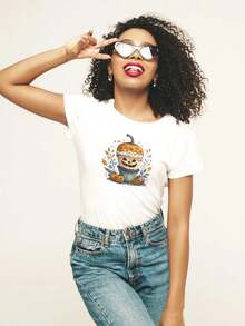 Playera de Dama Moda Estampado Calabaza - Blanco - Ver 1