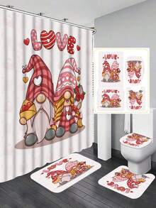 4入組情人節靈感心形圖案印花浴簾套裝,包括浴簾、浴墊、馬桶蓋及防滑墊,防水且附有12個鉤子 - 彩色 - 查看 1