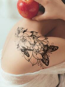 STARTTOOS 1 Pieza Gran Tatuaje Temporal Negro Con Diseño De Flor Y Mariposa Para Brazo, Pecho, Abdomen, Espalda - Negro - Ver 5
