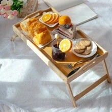 1Pc Bamboo Bed Tray Table With Foldable Legs, Breakfast Tray Lap Table For Sofa, Bed, Eating - Khaki - View 1