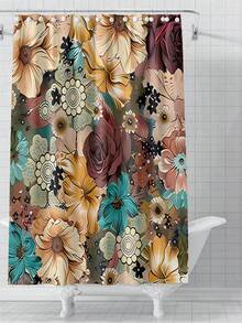 4pcs/Set Floral Pattern Printed Shower Curtain And Bathroom Rugs With 12 Hooks, Non-Slip Bath Mat For Chair, Water Resistant Window Curtain, Home Decor Bathroom Accessories - Multicolor - View 5